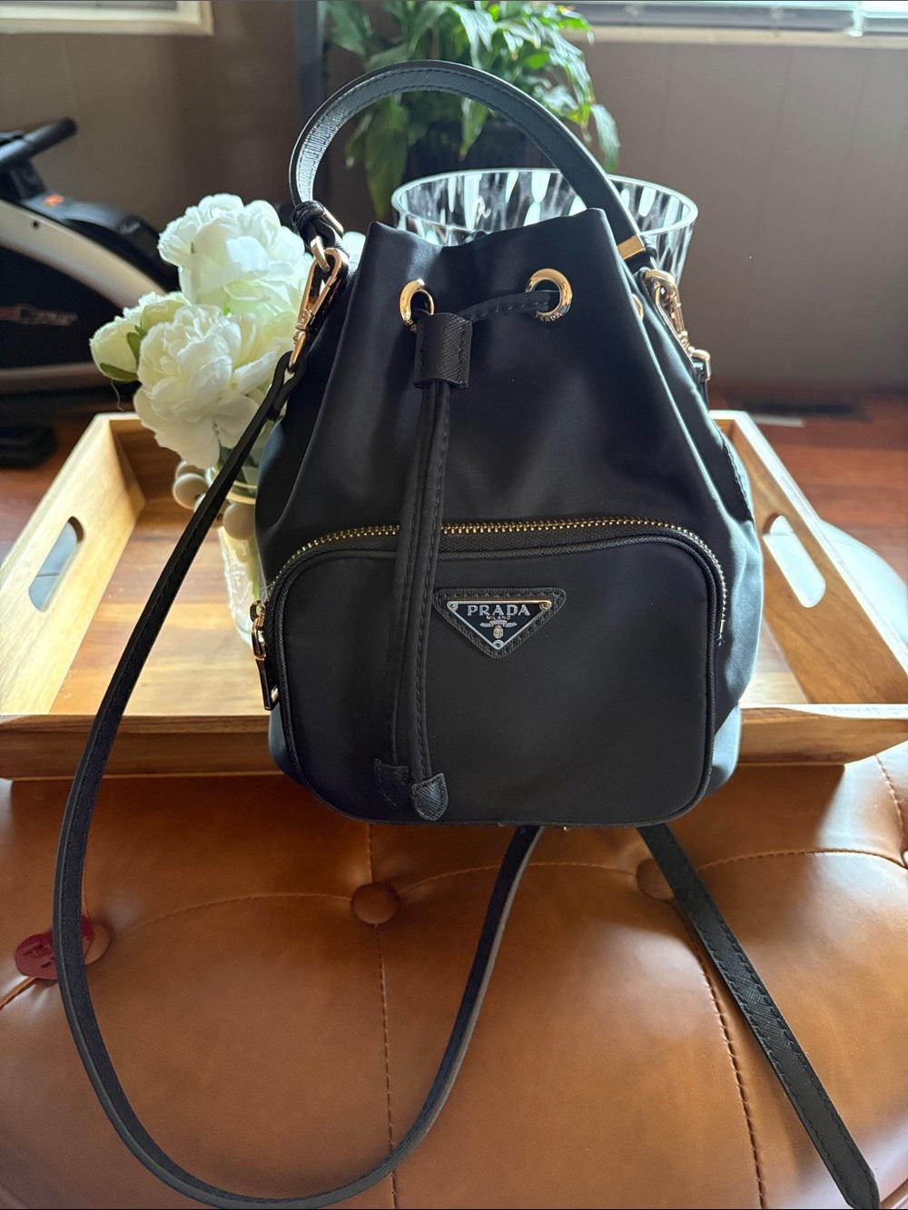 Black Nylon Drawstring Crossbody Bucket Bag with Gold Hardware